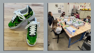 An image of Nike sneakers with a custom green camo design. An image of students painting shoes.