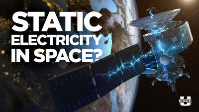 An illustration of a satellite with electricity discharges. Text reads: Static electricity in space?