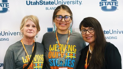 Attendees at the Weaving Our Stories Conference. Text reads: Utah State University Blanding.