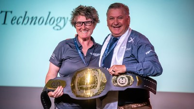 Shalyn Drake and Baron Wesemann at an award ceremony.