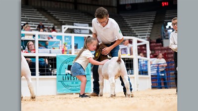 Children petting a goat at a livestock show.