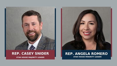 Mugs of Casey Snider, Utah House majority leader, and Angela Romero, minority leader.