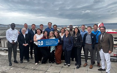 A group of students pose for a photo while abroad in France