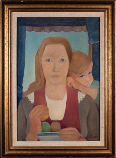An oil painting self portrait of a woman and a young child.