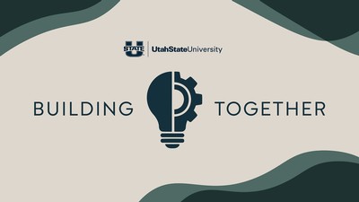 The Utah State University Logo with the Building Together logo of a lightbulb and a cog.