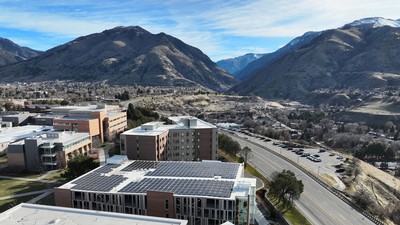Solar panels on top of a building on USU's Logan campus.