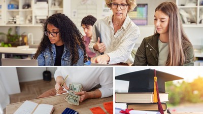 A collage of women in a classroom, a person handling cash, and a stack of textbooks.