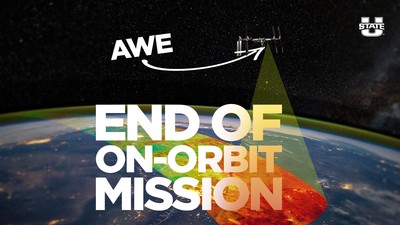 A graphic of the International Space Station. Text reads: End of on-orbit mission.