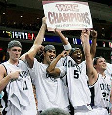 USU men's basketball action, celebration