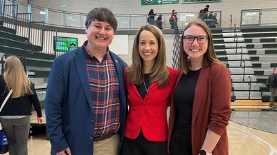 USU professors Stephen Kwiatek (left) and Lu Lawrence (right) with Utah First Lady Abby Cox at a Canyons Unified Sports event