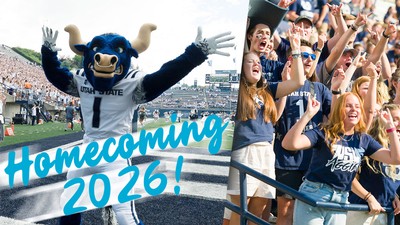 Side-by-side photos of the Big Blue mascot and a cheering crowd. Text reads: Homecoming 2026.