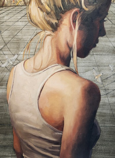 A painting of a woman facing away and to the right.