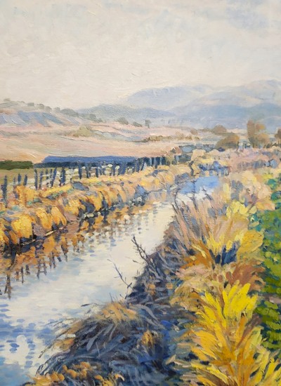 A painting of a river and plains.