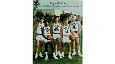 Seniors from 90-91 Aggie Basketball team pose for photo