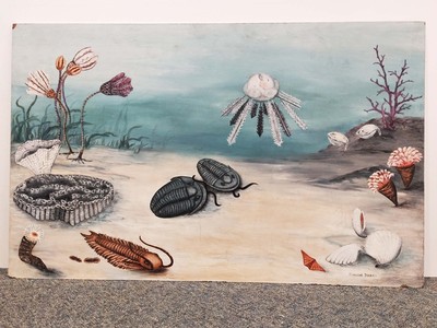 A painting of prehistoric sea creatures.