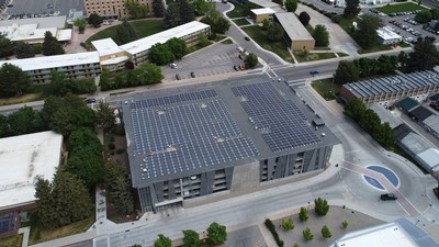 Solar panels on top of a parking structure.