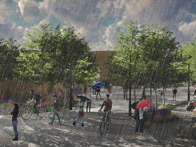 student’s visualization of a conceptual plaza on Aggie Boulevard