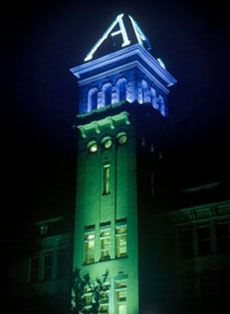 USU's Old Main with blue light