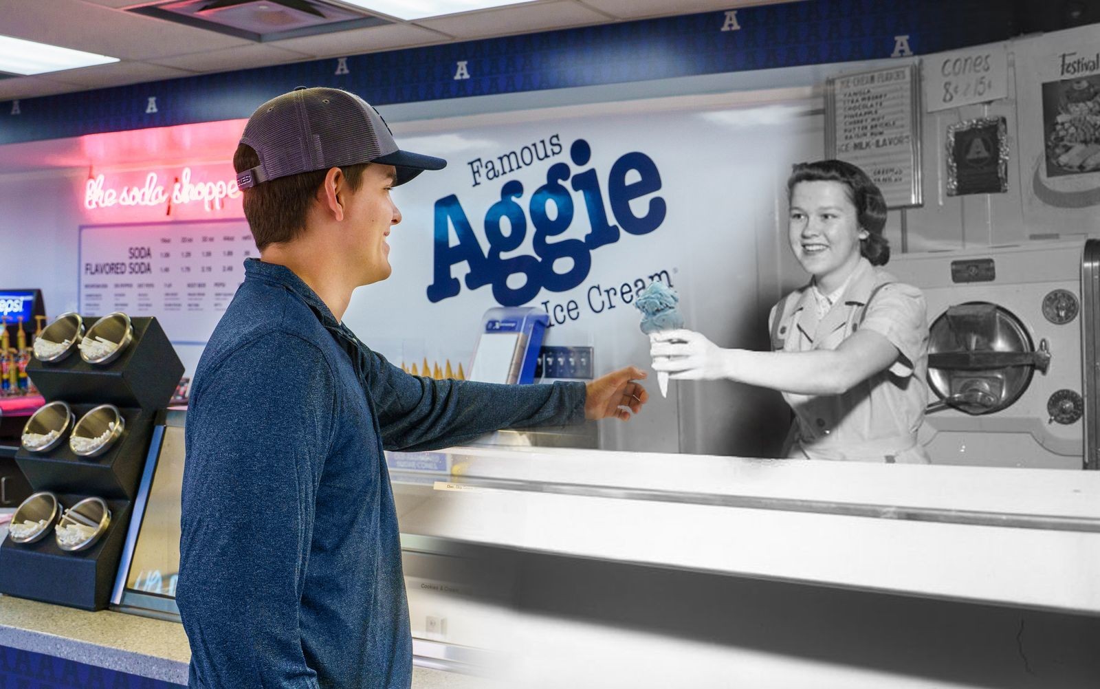 This composite image shows a woman in a historic photo handing ice cream to a man in 2022.