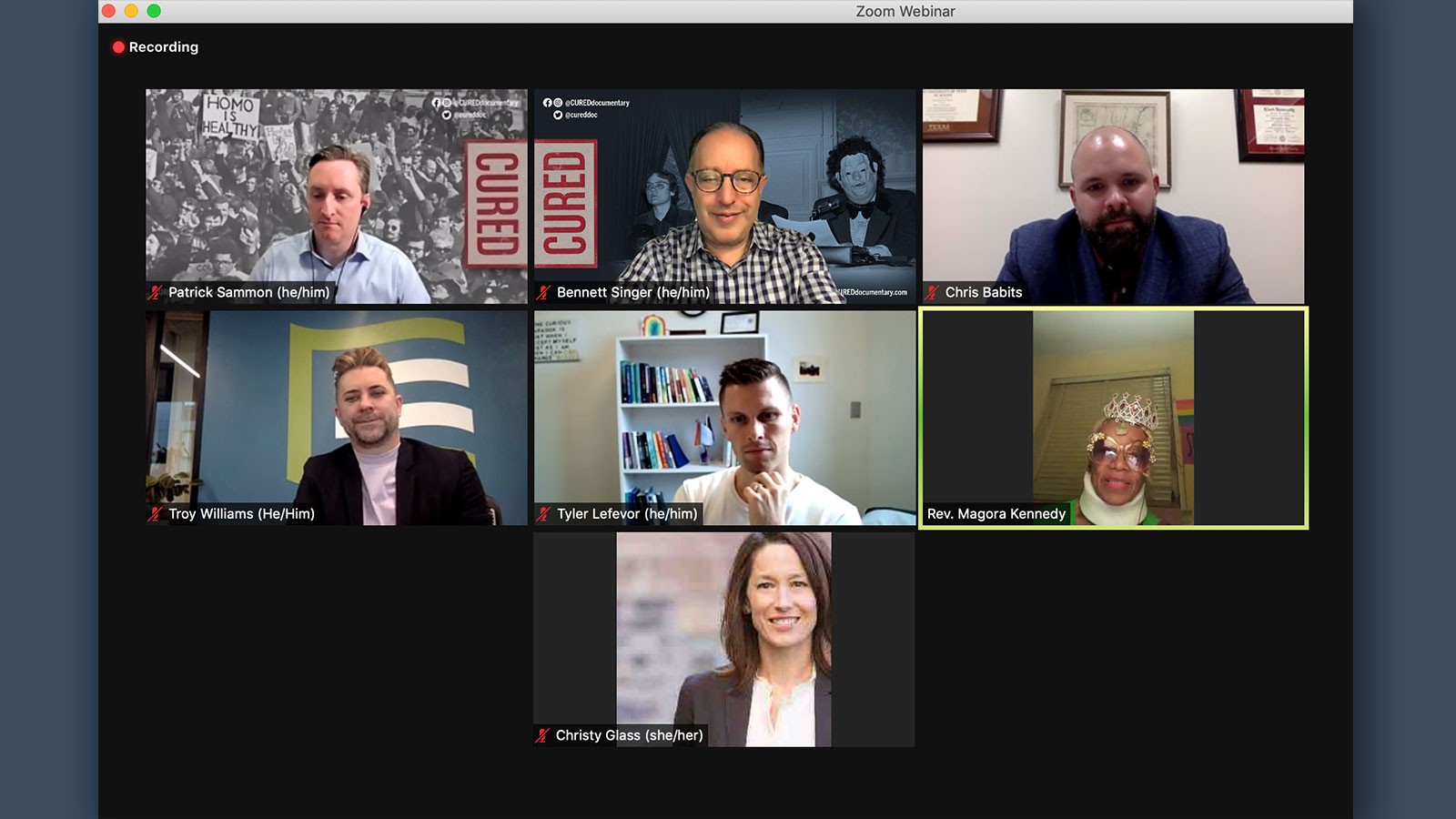 A screenshot shows a video conference with seven panelists.