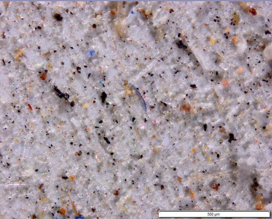 Microplastics are seen under a microscope as colorful dots.