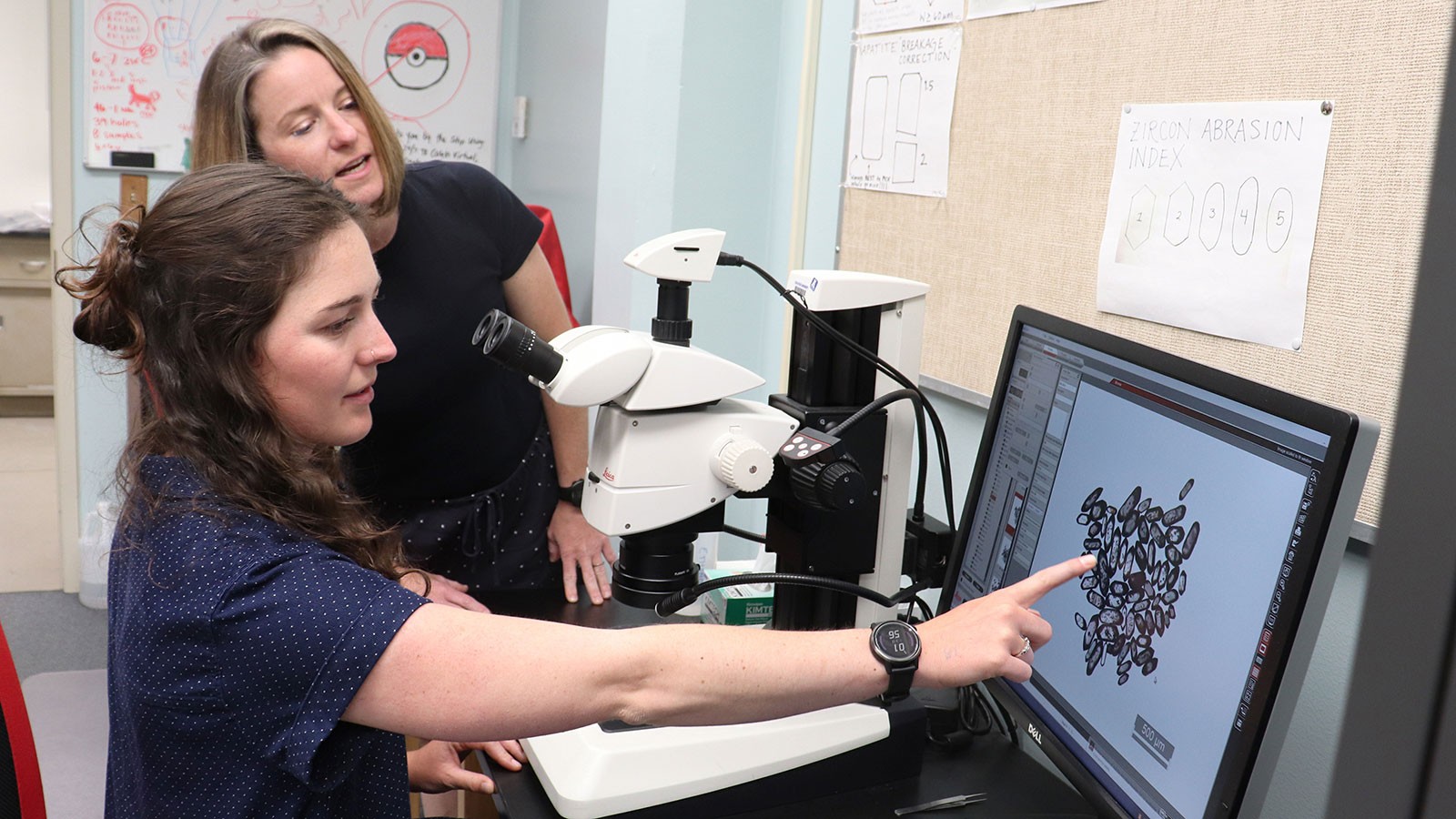 Researchers look at zircon grans with a stereoscope.