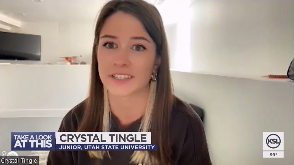 Crystal Tingle is seen in this screenshot of a news interview with KSL.