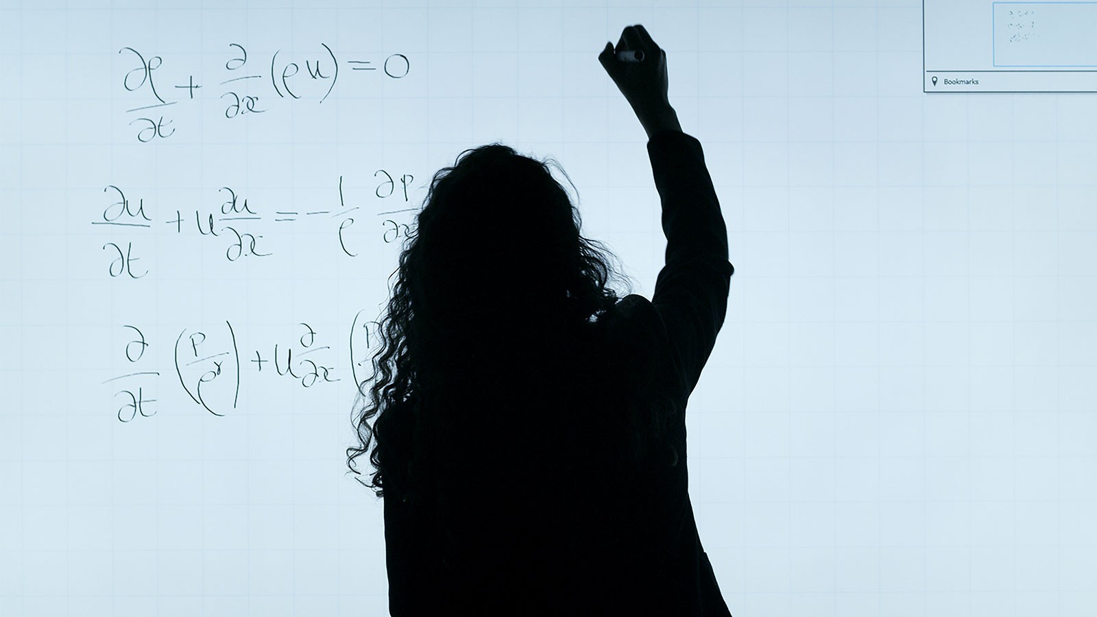 A person writing mathematical equations on a digital whiteboard.