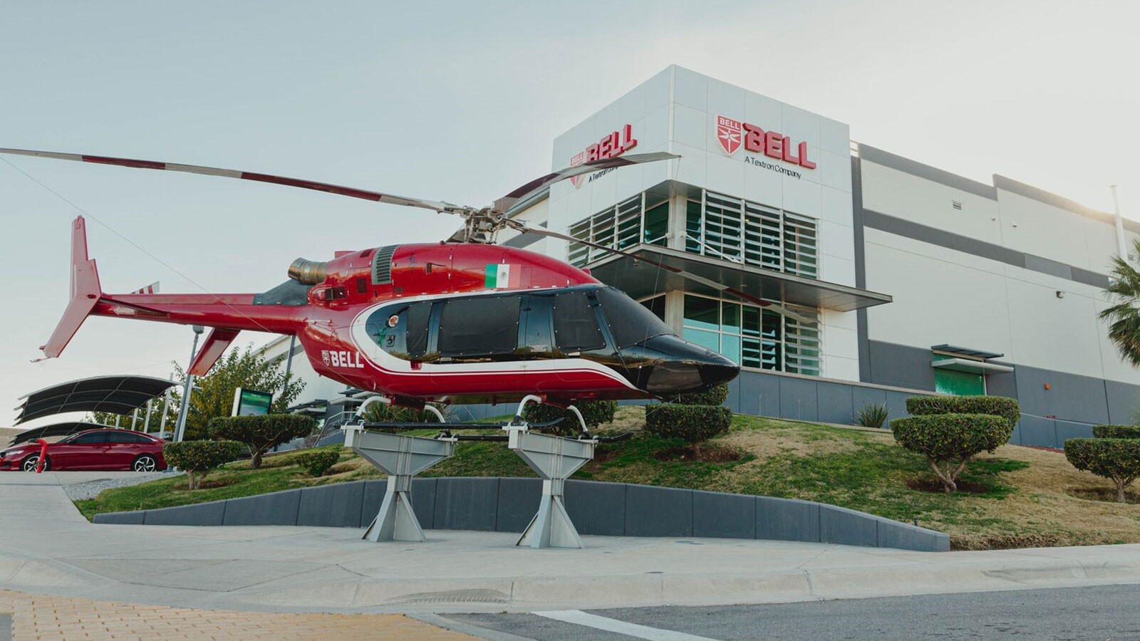 A helicopter installed outside a Bell facility in Chihuahua, Mexico.