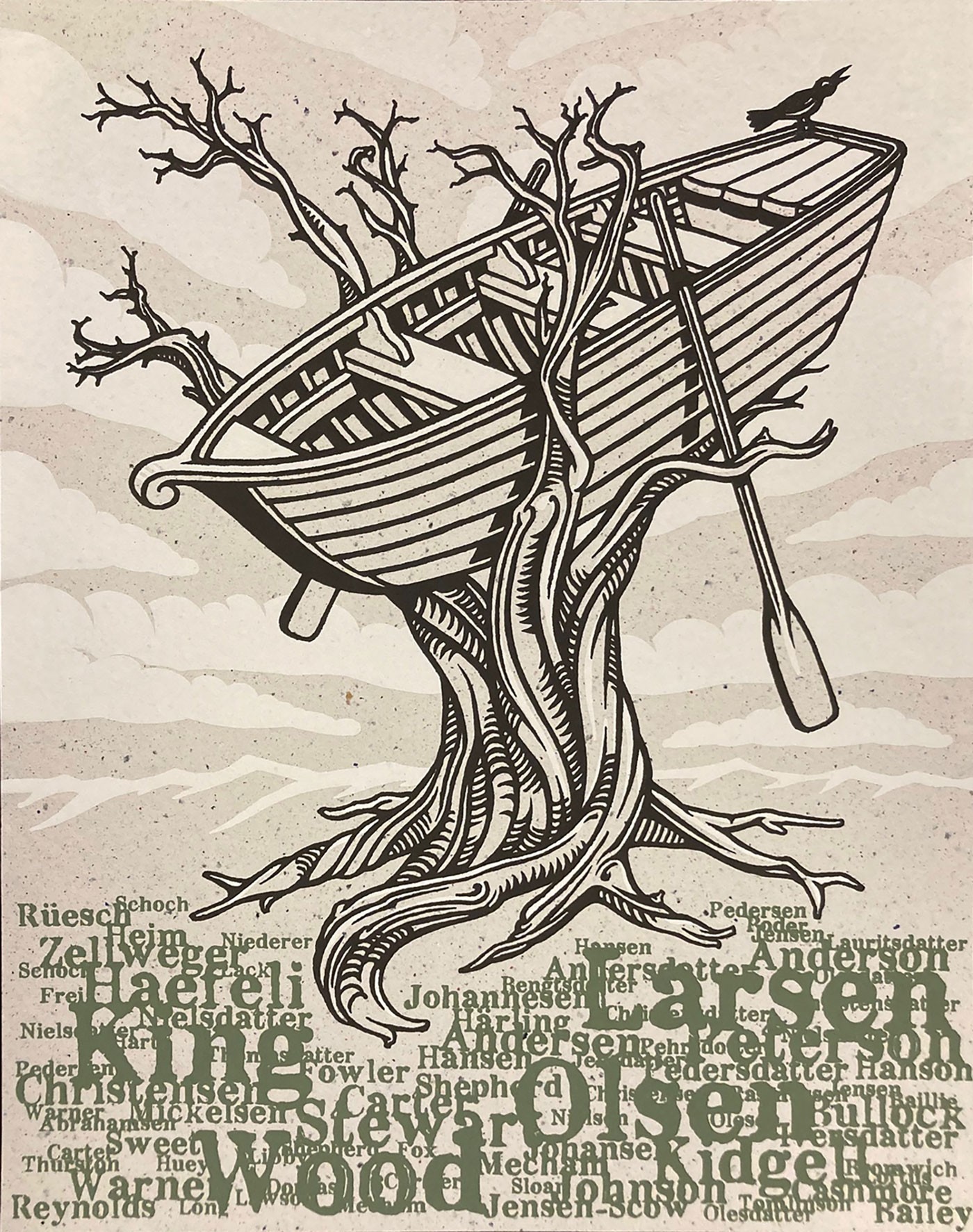 An art print of a rowboat stuck in a gnarled tree with a jumble of European surnames at the roots.