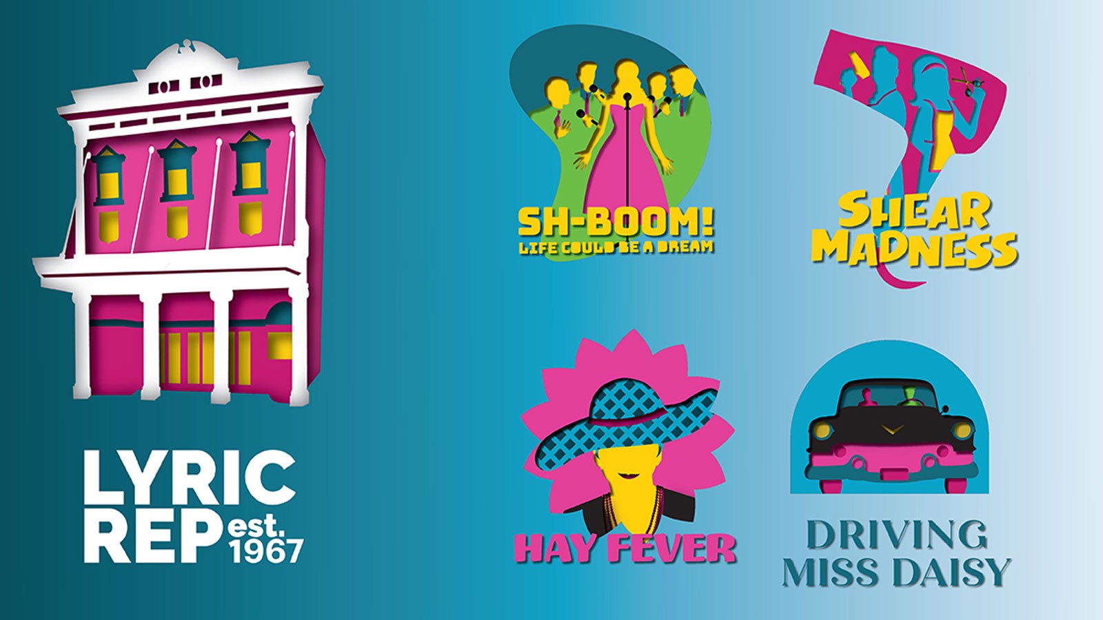 A poster advertising plays. Text Reads: Sh-boom, Shear Madness, Hay Fever, Driving Miss Daisy.