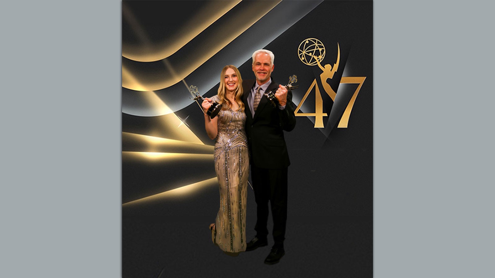 Erin Cox and Brian Champagne posing with their regional Emmy awards.