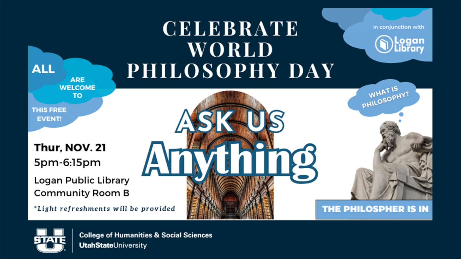 Text Reads: Ask us anything. 5 p.m. Thursday November 21, Logan Library.