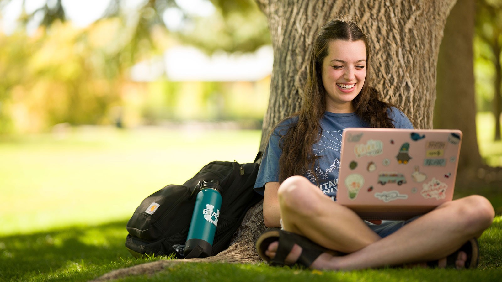 A student leaning against a tree and using a laptop.