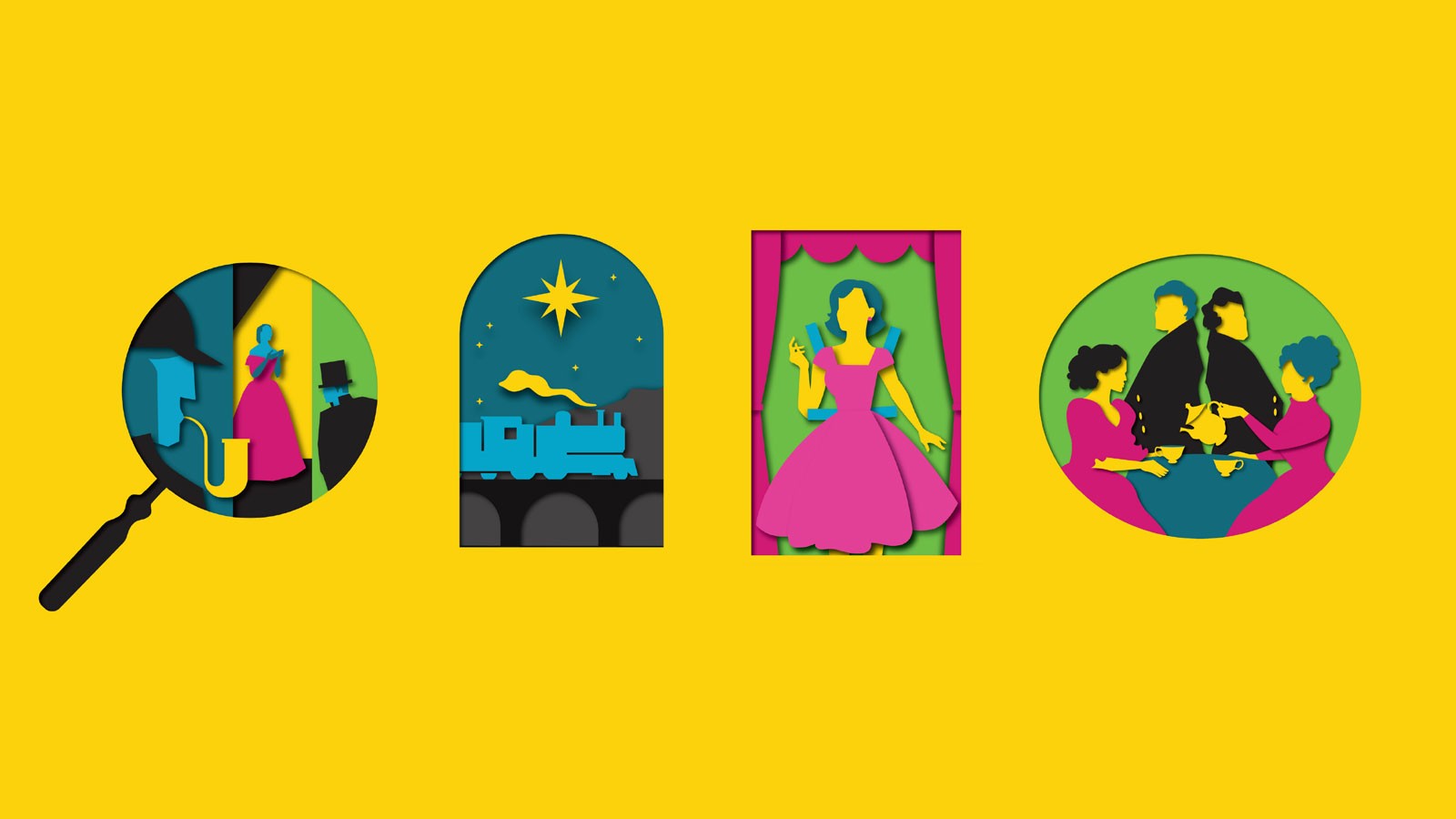 A graphic illustration of detectives, a train, a paper doll and Victorian drama.