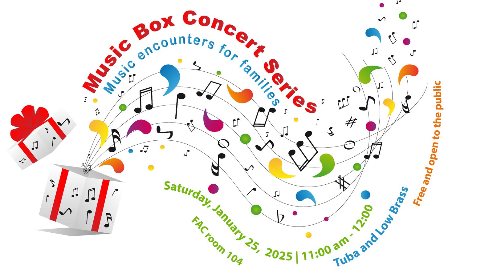 Text Reads: Free music encounters for families. Tuba and low brass on January 25.