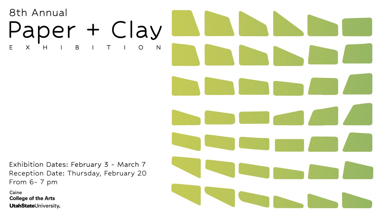 An event poster. Text reads: 8th Annual Paper and Clay exhibition. Feb. 3 to March 7.