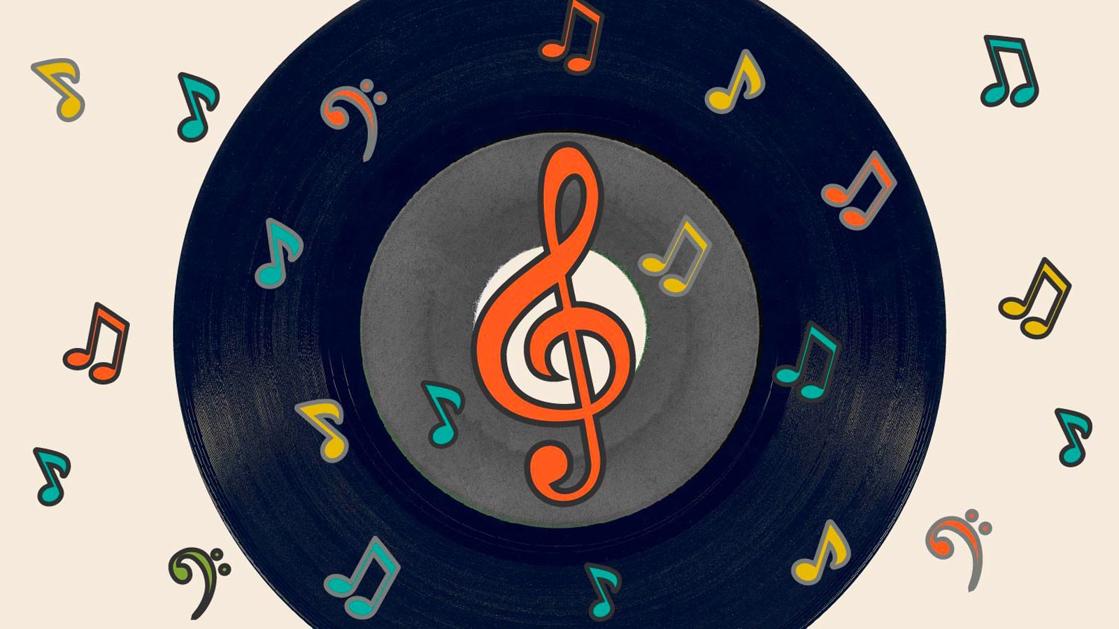 An illustration of a vinyl record surrounded by musical notes and clefs.