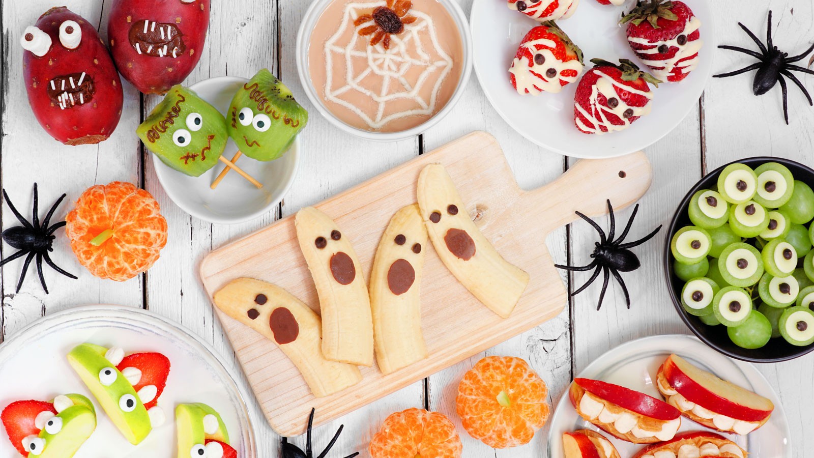 Fruits decorated as monsters for Halloween.