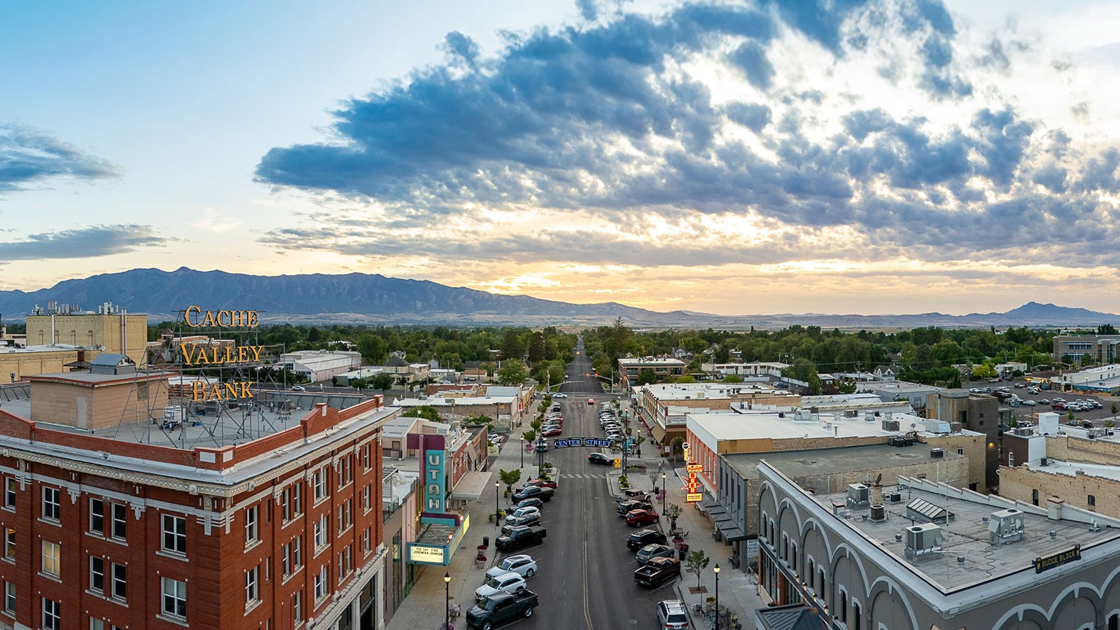 An aerial view of Center Street in Logan.