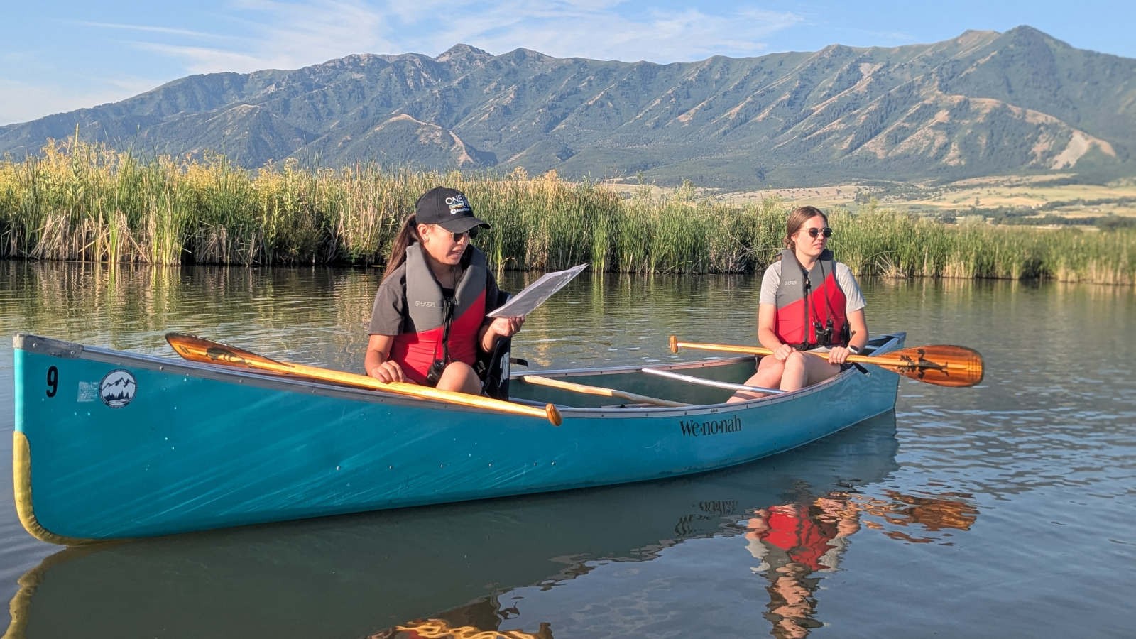 People canoeing in a marsh.