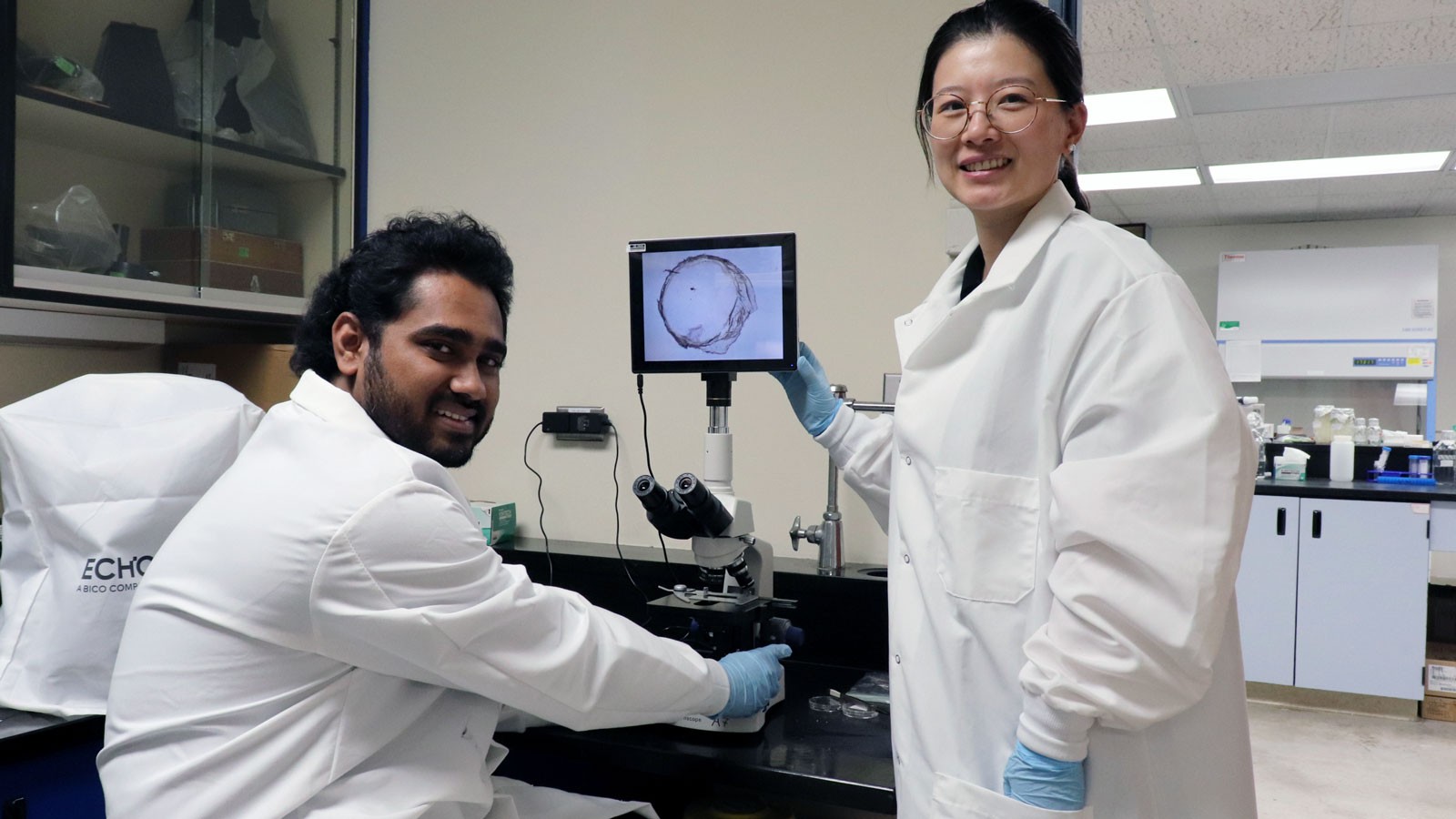 Two engineers with a microscope.