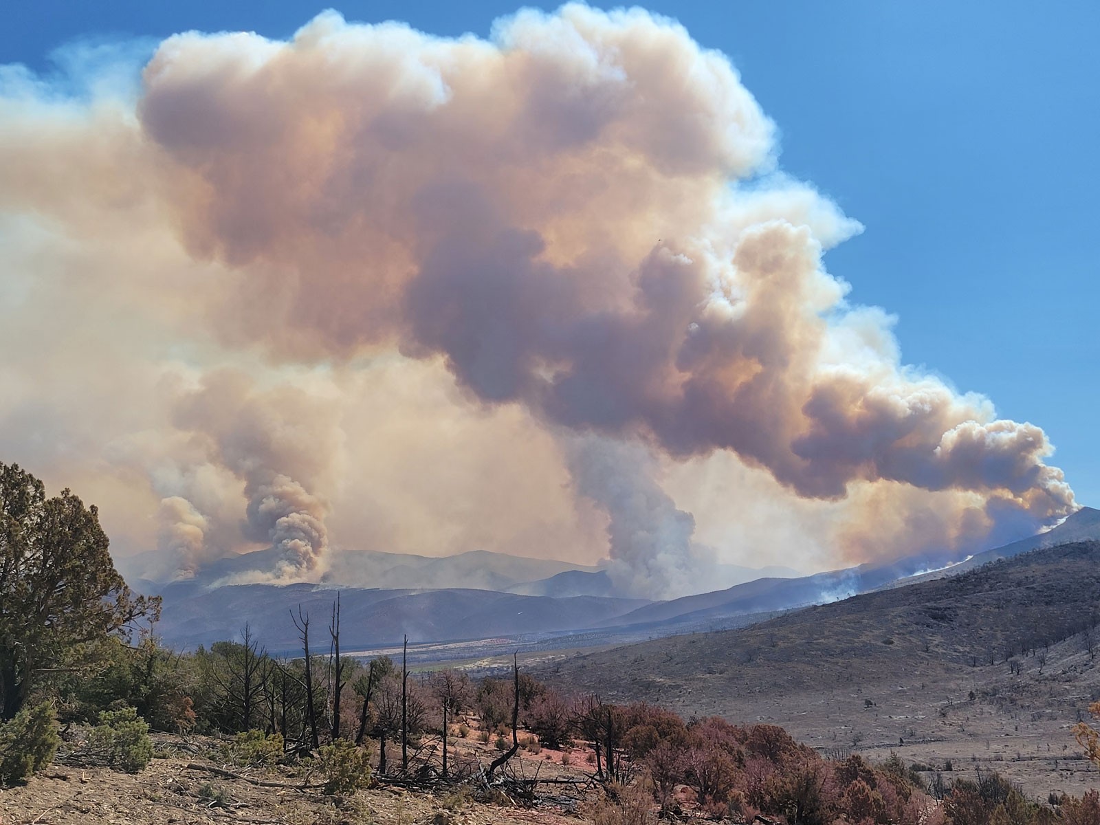 Smoke rising from a wildfire on a mountainside.