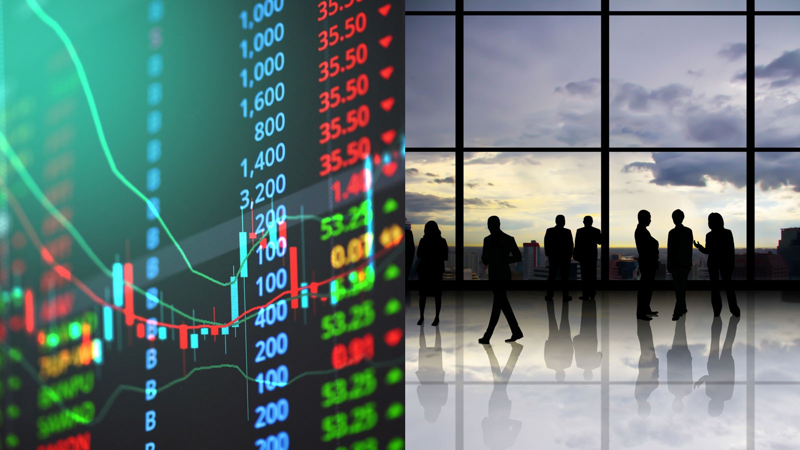 A composite image of stock market data and business people speaking.