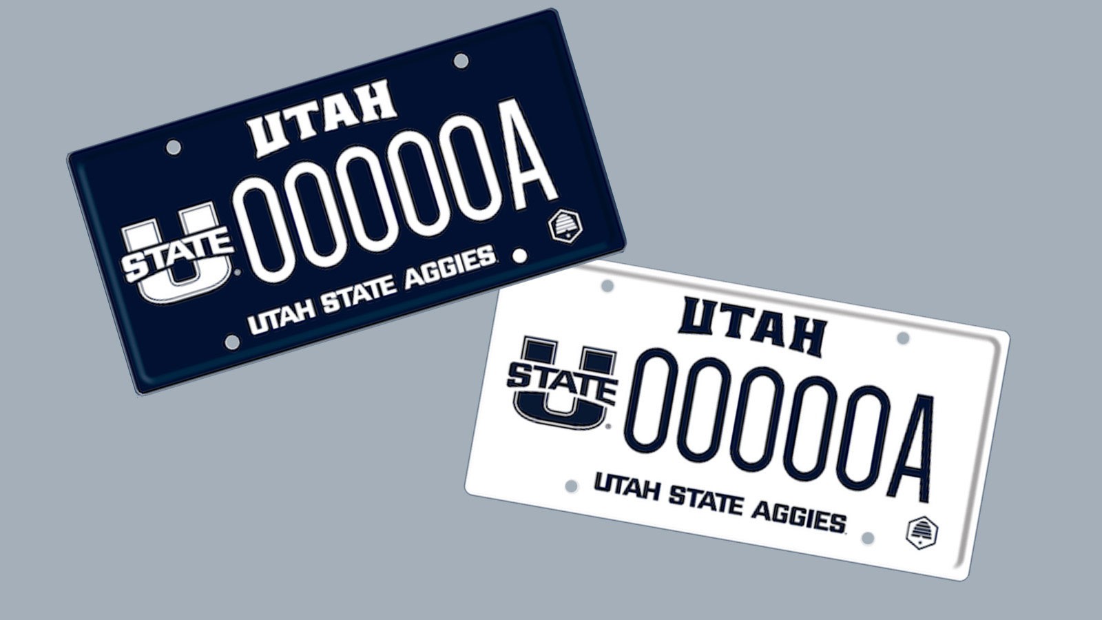 Two license plates with the U State logo, one with a dark blue background and one white.