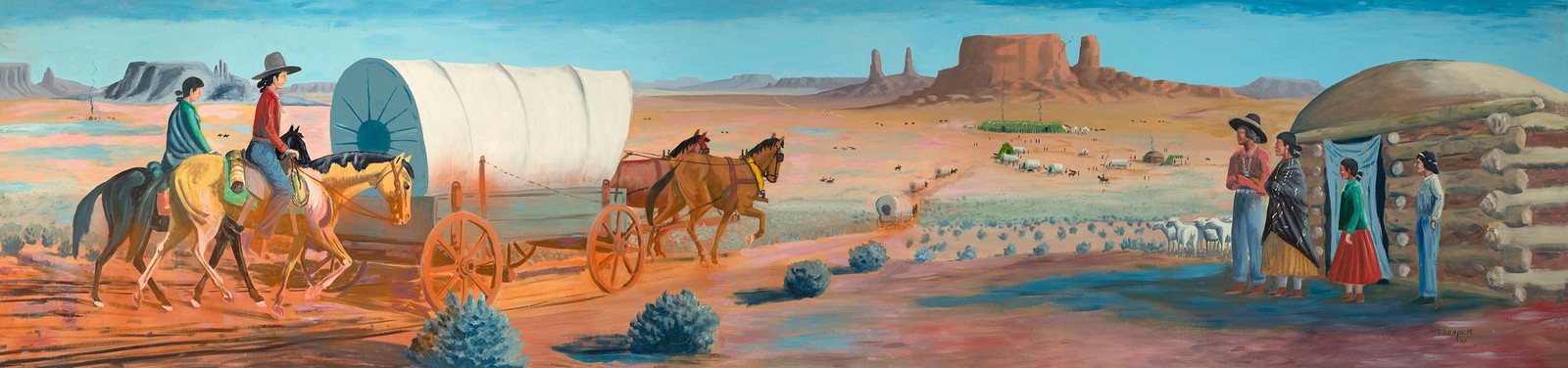 A mural of a covered wagon and Native American horseback riders returning home.