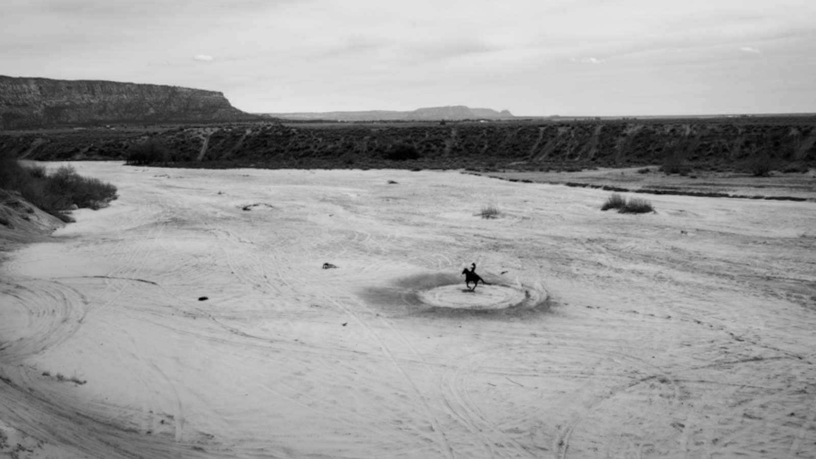 A person riding a horse in a ring in the desert sand.