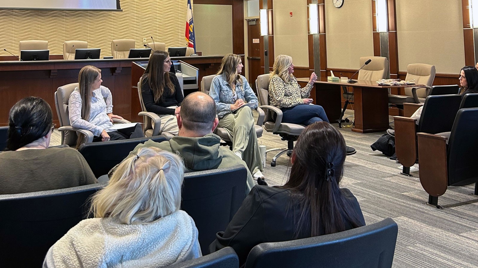 People speaking in a council room.