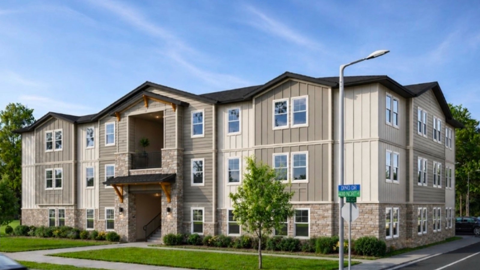 An architectural rendering of apartment-style housing.
