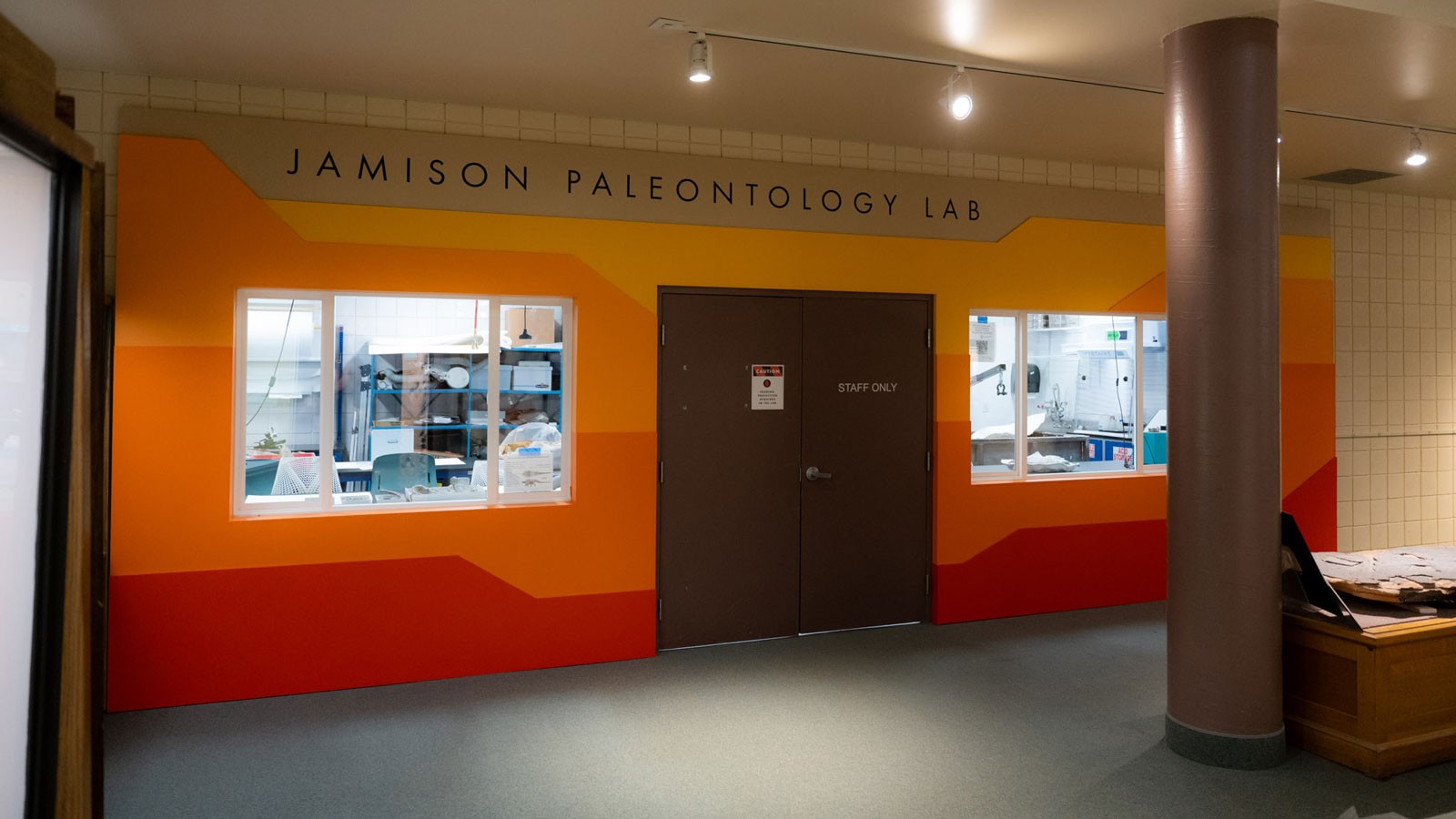 An entrance to a laboratory. Sign reads: Jamison Paleontology Lab.